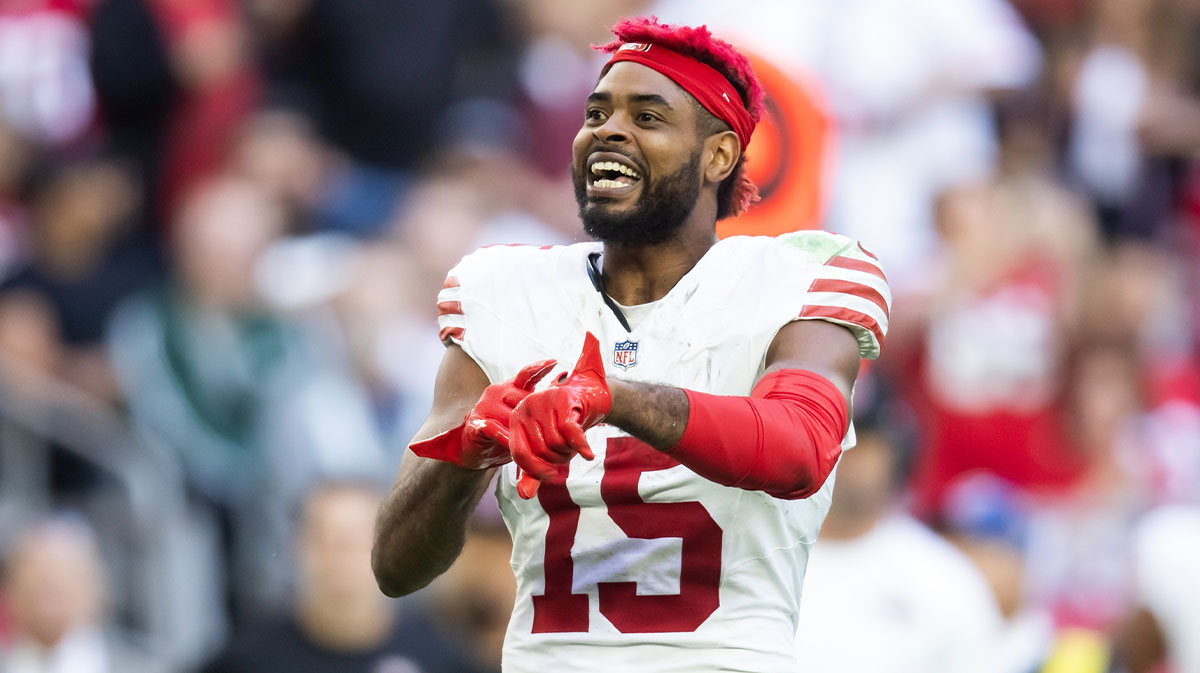 San Francisco 49ers wide receiver Jauan Jennings (15) reacts after a fight against the Arizona Cardinals in the first half at State Farm Stadium.