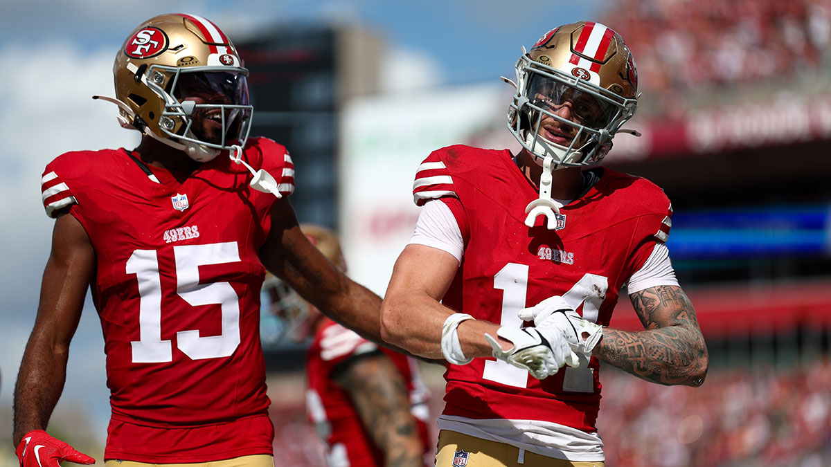 San Francisco 49ers wide receiver Ricky Pearsall (14) celebrates with wide receiver Jauan Jennings (15) after scoring a touchdown against the Tampa Bay Buccaneers in the first quarter at Raymond James Stadium.