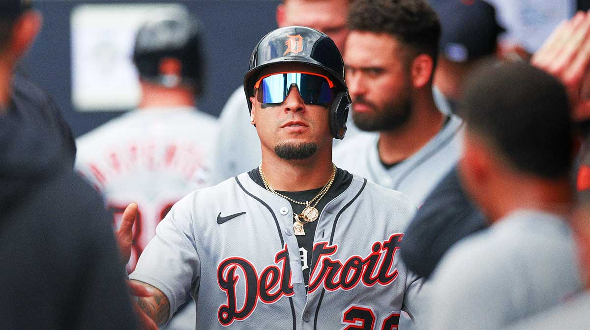 Detroit Tigers shortstop Javier Baez (28) reacts after scoring a run against the Tampa Bay Rays in the eighth inning at George M. Steinbrenner Field.