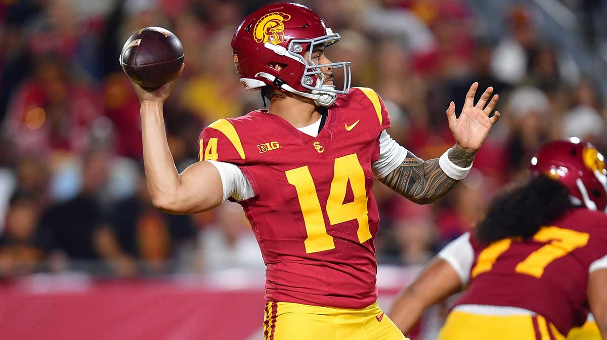 Southern California Trojans quarterback Jayden Maiava (14) throws against the Michigan State Spartans during the first half at the Los Angeles Memorial Coliseum.