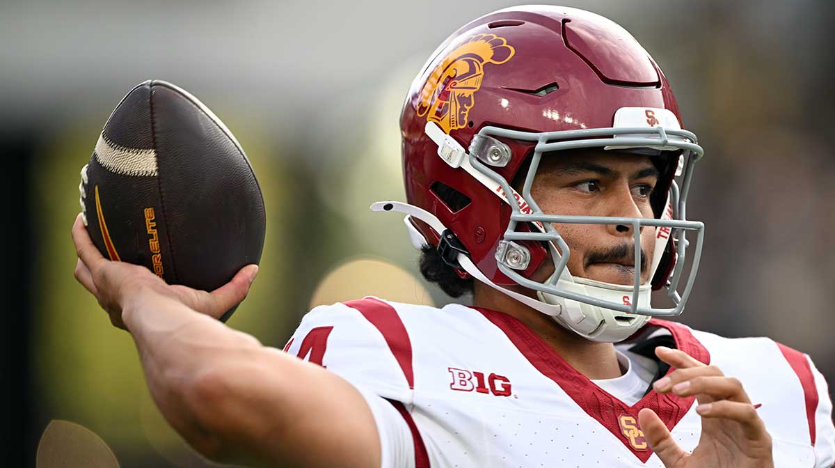 Southern California Trojans quarterback Jayden Maiava (14) warms up on the sidelines during the first quarter against the Purdue Boilermakers at Ross-Ade Stadium.