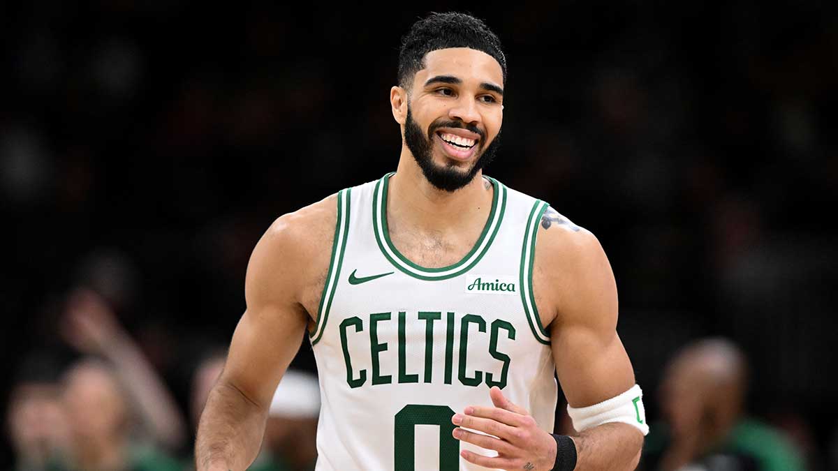 Boston Celtics forward Jayson Tatum (0) reacts during the second quarter of a game against the Los Angeles Lakers at the TD Garden.