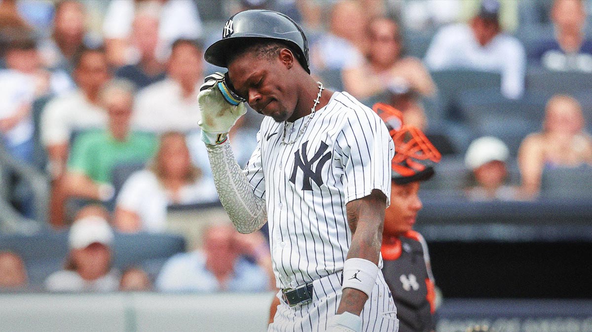 New York Yankees second baseman Jazz Chisholm Jr. (13) leaves the game after getting hit by a pitch in the fifth inning against the Baltimore Orioles at Yankee Stadium.