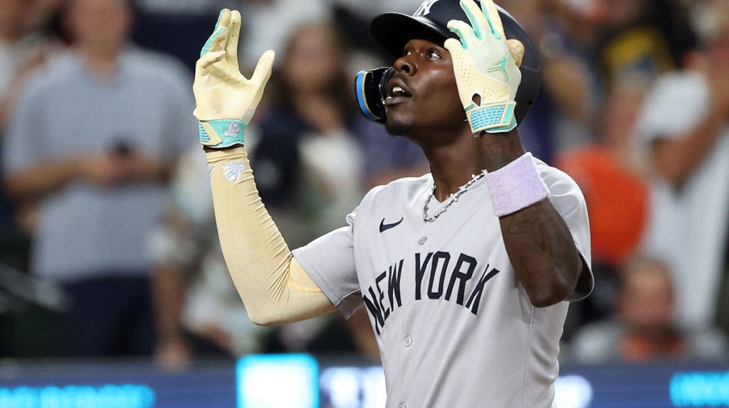 New York Yankees second baseman Jazz Chisholm Jr. (13) celebrates after hitting a home run during the seventh inning against the Baltimore Orioles at Oriole Park at Camden Yards.