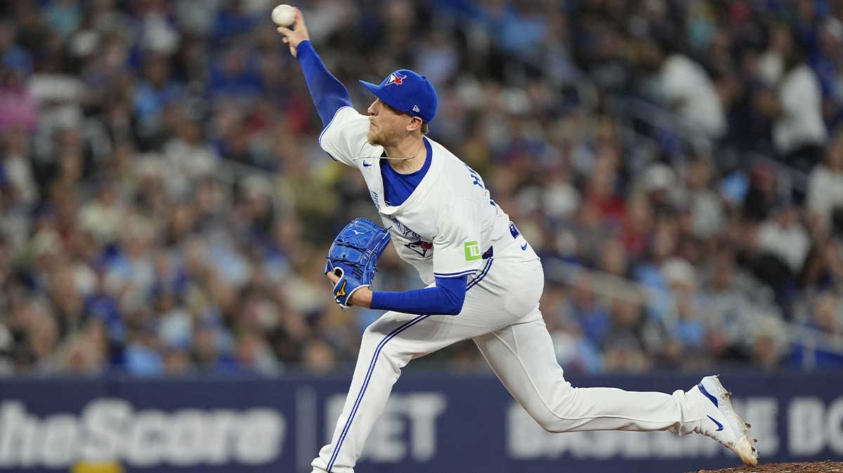 Sep 10, 2025; Toronto, Ontario, CAN; Toronto Blue Jays pitcher Jeff Hoffman (23) pitches to the Houston Astros during the ninth inning at Rogers Centre. 