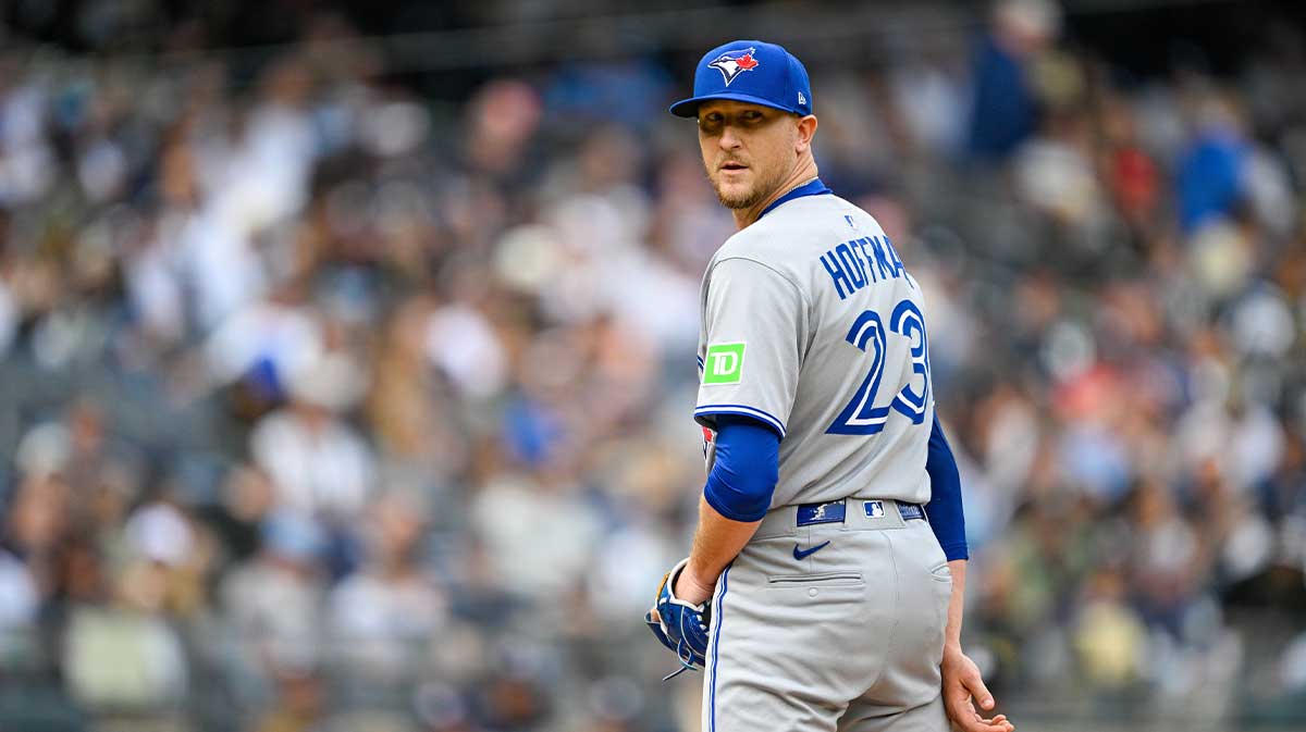 Toronto Blue Jays relief pitcher Jeff Hoffman (23) looks on during the eighth inning against the New York Yankees at Yankee Stadium.