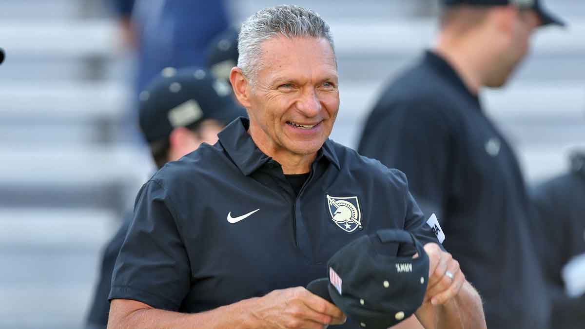 Army Black Knights head coach Jeff Monken speaks to officials during the first half against the Tarleton State Texans at Michie Stadium.