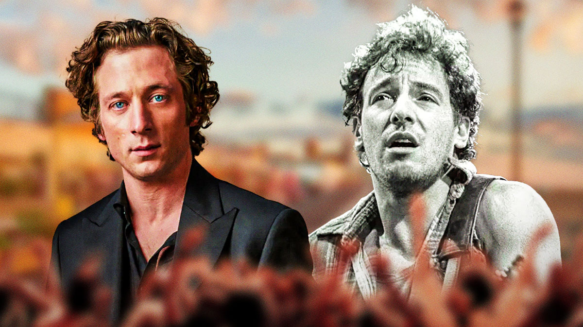 Jeremy Allen White, star of the biopic Deliver Me from Nowhere, next to Bruce Springsteen with Asbury Park boardwalk background.