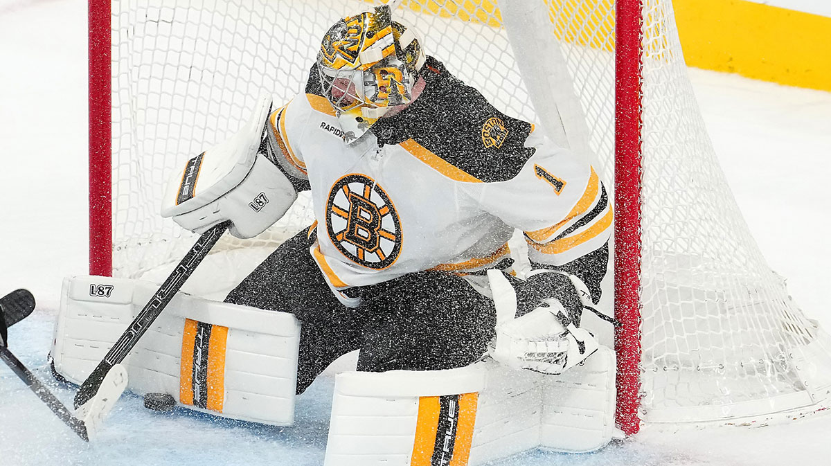 Boston Bruins goaltender Jeremy Swayman (1) makes a save against the Vegas Golden Knights during the third period at T-Mobile Arena
