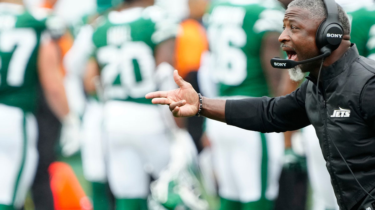 New York Jets Head Coach, Aaron Glenn, is shown during his first game on job.