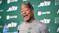 New York Jets defensive coordinator Steve Wilks speaks at a press conference during minicamp at Atlantic Health Jets Training Center.