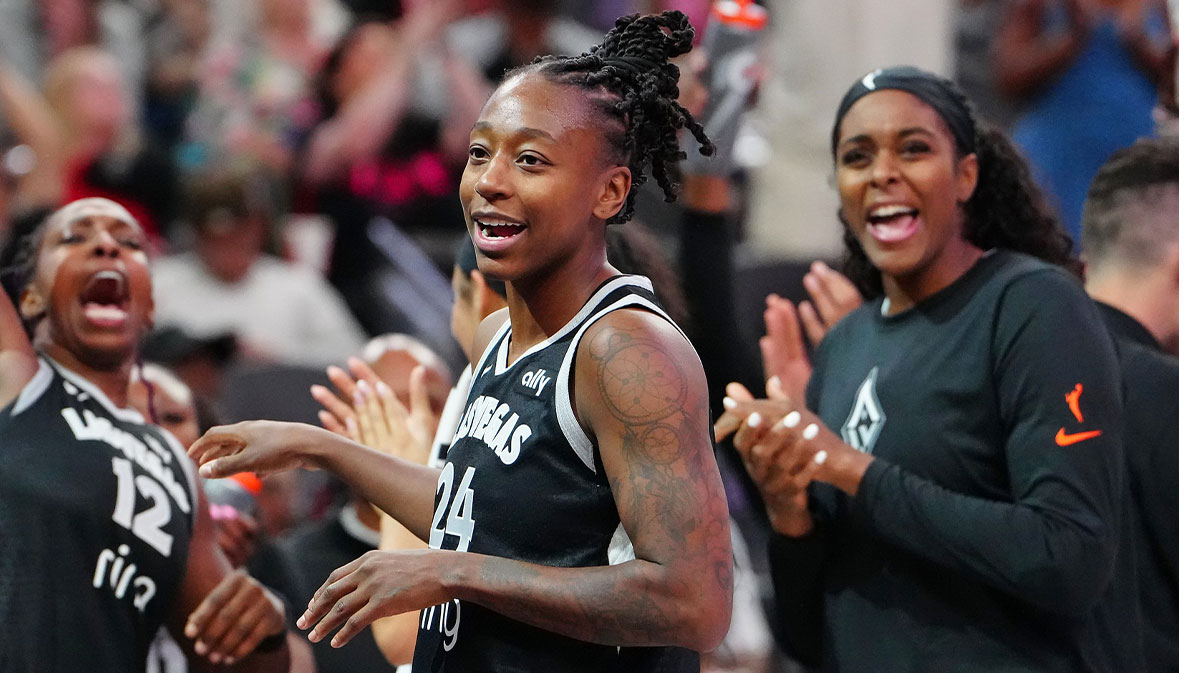 Las Vegas Aces guard Jewell Loyd (24) is recognized for reaching the 6,000 point milestone in her career during the fourth quarter against the Chicago Sky at T-Mobile Arena.