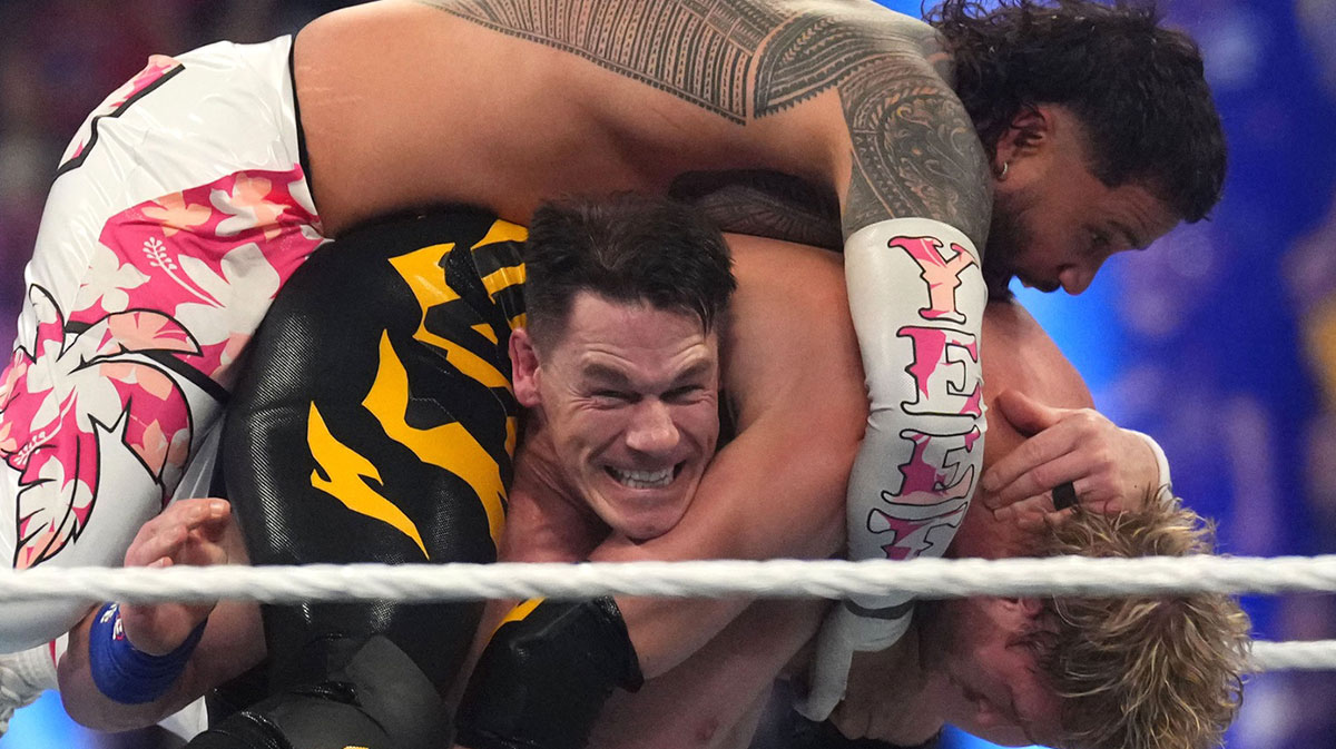 WWE stars Jey Uso, Logan Paul, John Cena at the Royal Rumble.
