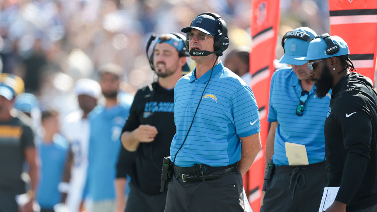 Los Angeles Chargers Head Coach Jim Harbaugh looks on during the first quarter against the New York Giants at MetLife Stadium.