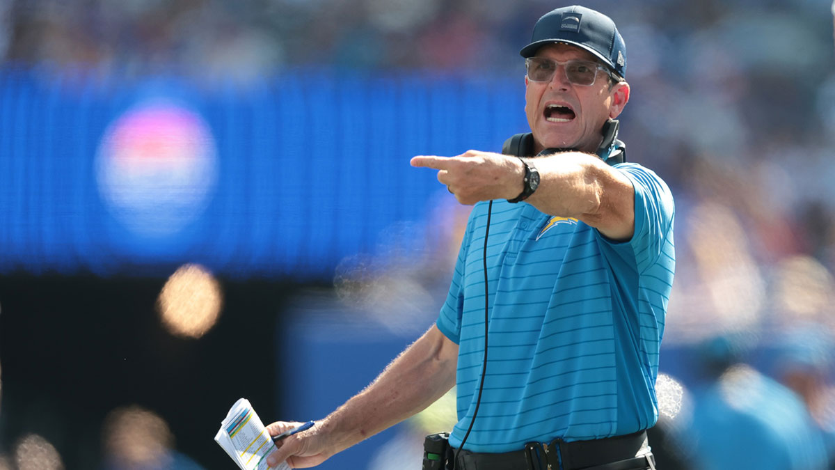 Los Angeles Chargers head coach Jim Harbaugh reacts during the first half against the New York Giants at MetLife Stadium.