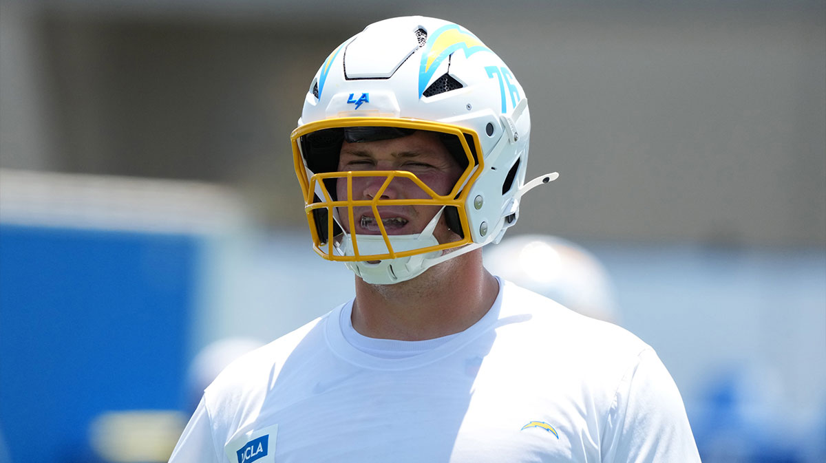 Los Angeles Chargers tackle Joe Alt (76) during organized team activities at The Bolt.