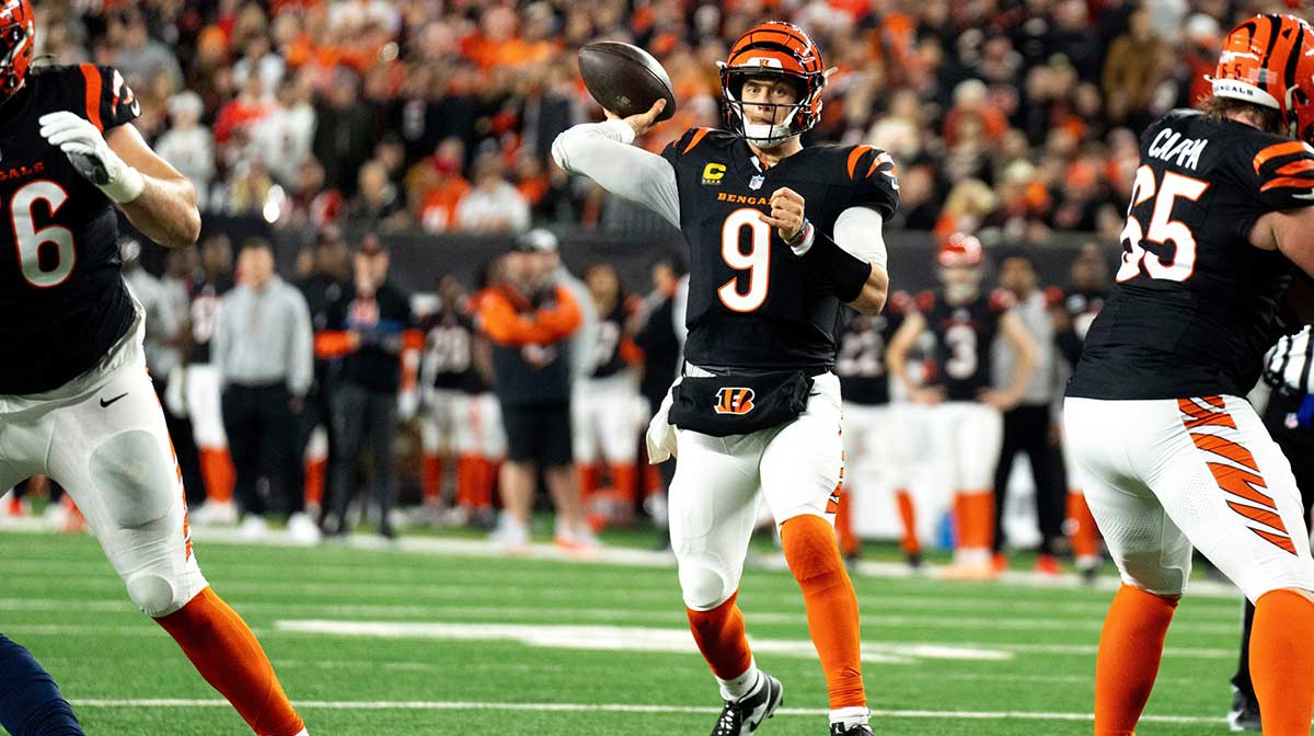 Cincinnati Bengals quarterback Joe Burrow (9) throws a pass in the third quarter of the NFL game against the Denver Broncos at Paycor Stadium in Cincinnati on Saturday, Dec. 28, 2024.