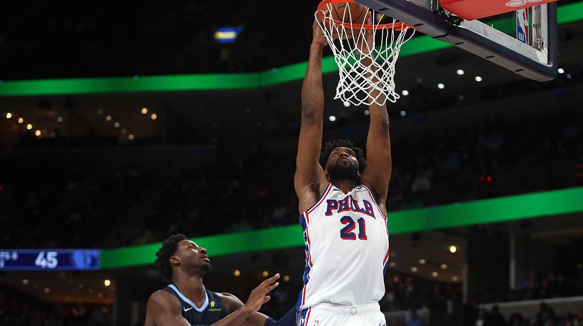 Philadelphia 76ers center Joel Embiid (21) dunks during the first half against the Memphis Grizzlies at FedExForum.