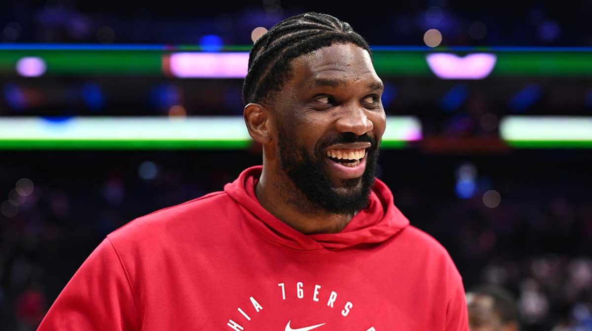Philadelphia 76ers center Joel Embiid reacts after the game against the Minnesota Timberwolves at Wells Fargo Center.