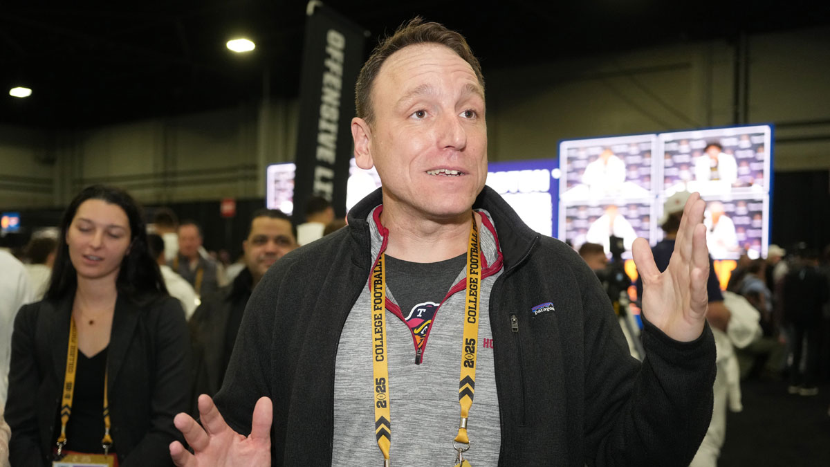 Joey Chestnut attends 2025 CFP National Championship Media Day at Georgia World Congress Center, Building A.