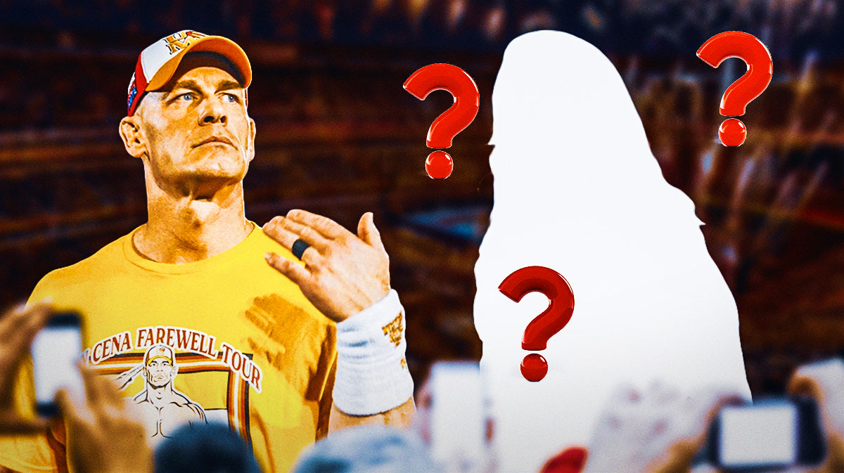 WWE star John Cena next to a silhouette of AJ Styles with question marks around him.