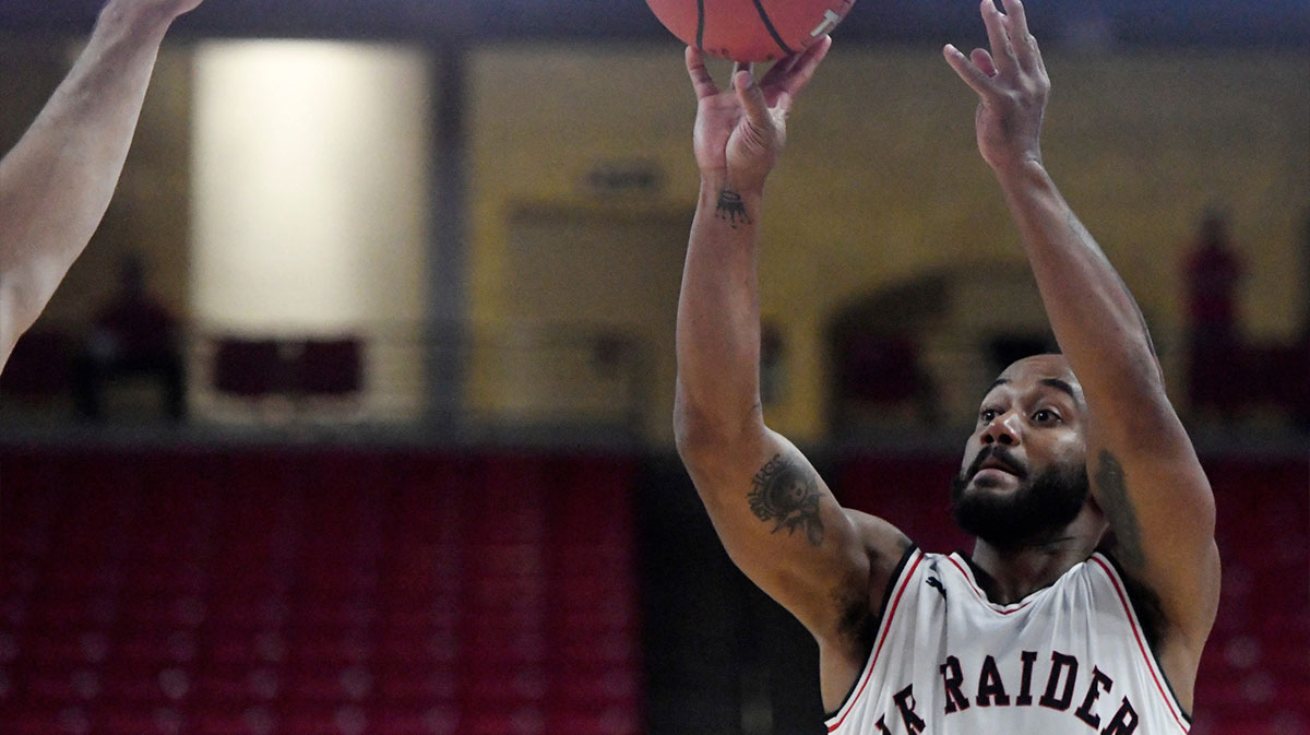 Air Raiders' John Roberson shoots the ball against the Purple Hearts during the first round of The Basketball Tournament Lubbock Regional, Wednesday, July 19, 2023, at United Supermarkets Arena.