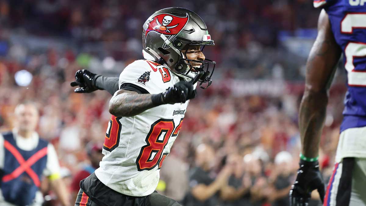 Tampa Bay Buccaneers wide receiver Tez Johnson (83) celebrates after scoring a touchdown against the Buffalo Bills during the second quarter at Raymond James Stadium.