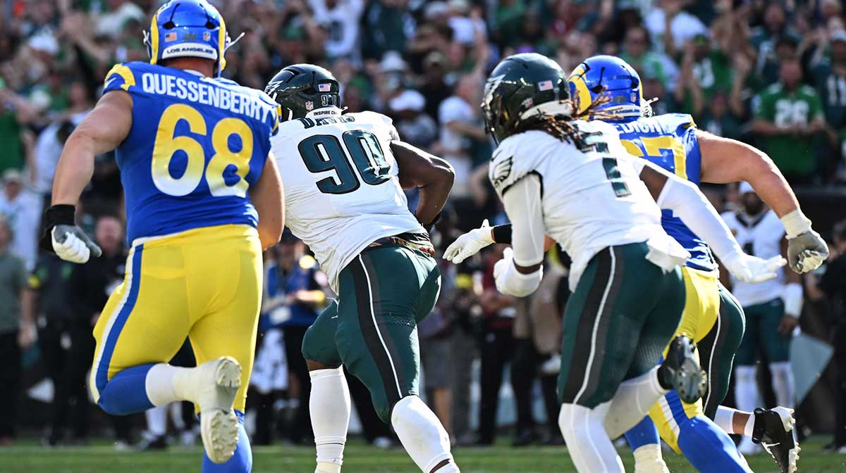 Los Angeles Rams kicker Joshua Karty (not pictured) has a field goal blocked by Philadelphia Eagles cornerback Kelee Ringo (7) and returned for a touchdown by defensive tackle Jordan Davis (90) during he second half at Lincoln Financial Field.