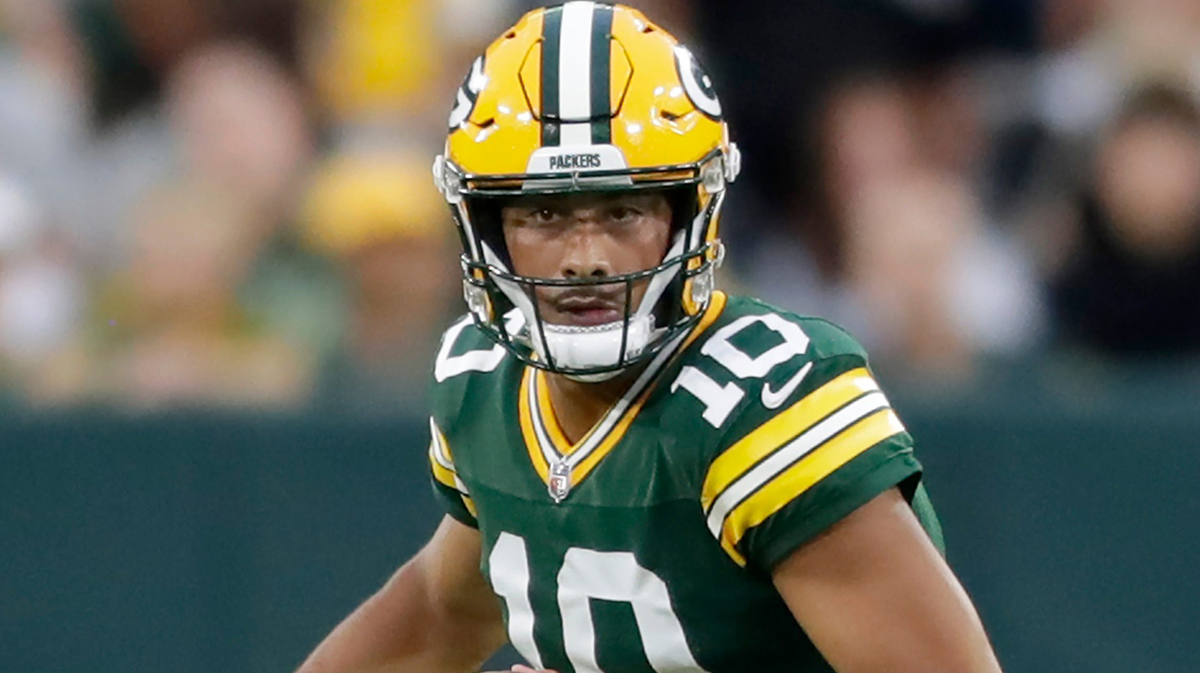 Green Bay Packers quarterback Jordan Love (10) against the New York Jets during their football game on Saturday, August 9, 2025, at Lambeau Field in Green Bay, Wis.