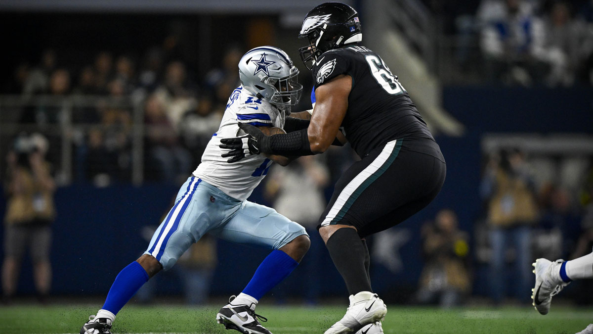Dallas Cowboys linebacker Micah Parsons (11) and Philadelphia Eagles offensive tackle Jordan Mailata (68) in action during the game between the Dallas Cowboys and the Philadelphia Eagles at AT&T Stadium.