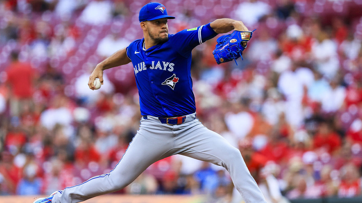 Toronto Blue Jays starting pitcher Jose Berrios (17) pitches against the Cincinnati Reds in the first inning at Great American Ball Park.