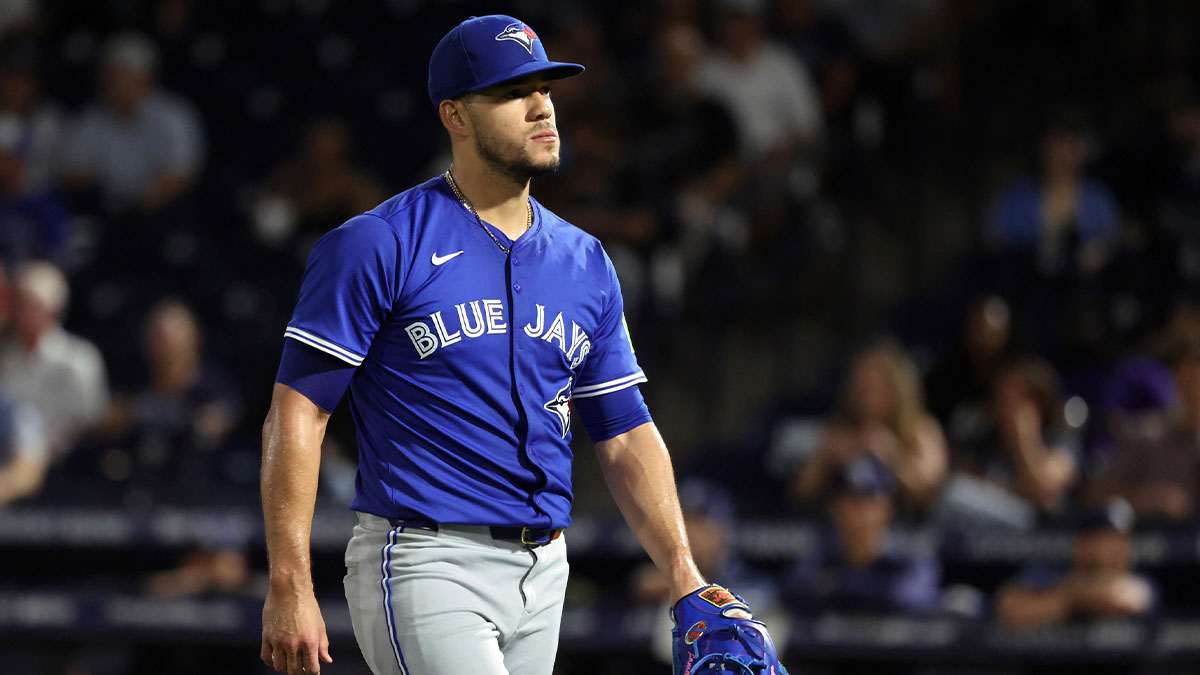 Toronto Blue Jays starting pitcher Jose Berrios (17) walks to the dugout after he pitched the fourth inning against the Tampa Bay Rays at George M. Steinbrenner Field.