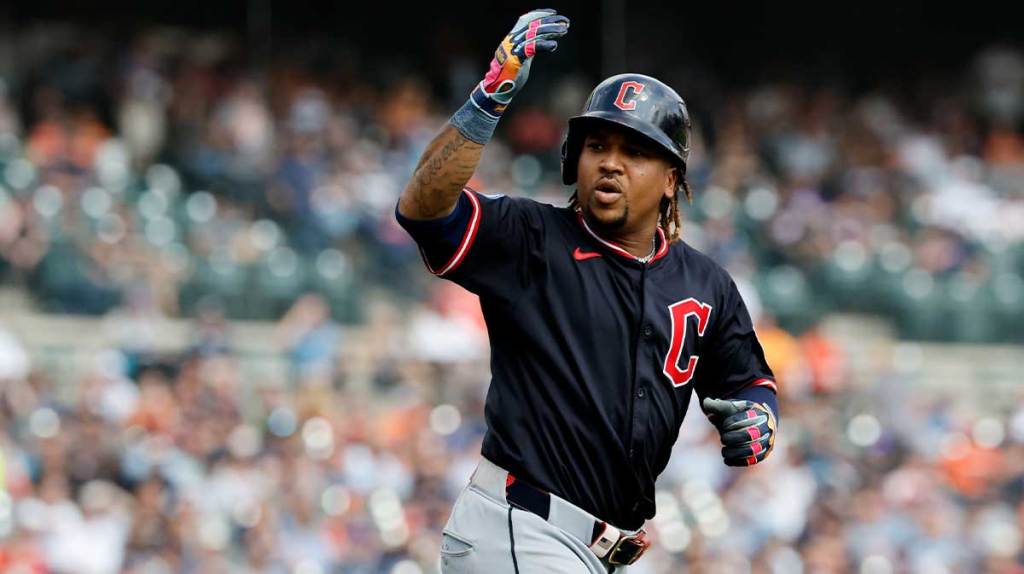 Cleveland Guardians third base Jose Ramirez (11) celebrates after he hits a two run home run in the seventh inning against the Detroit Tigers at Comerica Park.