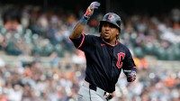 Cleveland Guardians third base Jose Ramirez (11) celebrates after he hits a two run home run in the seventh inning against the Detroit Tigers at Comerica Park.