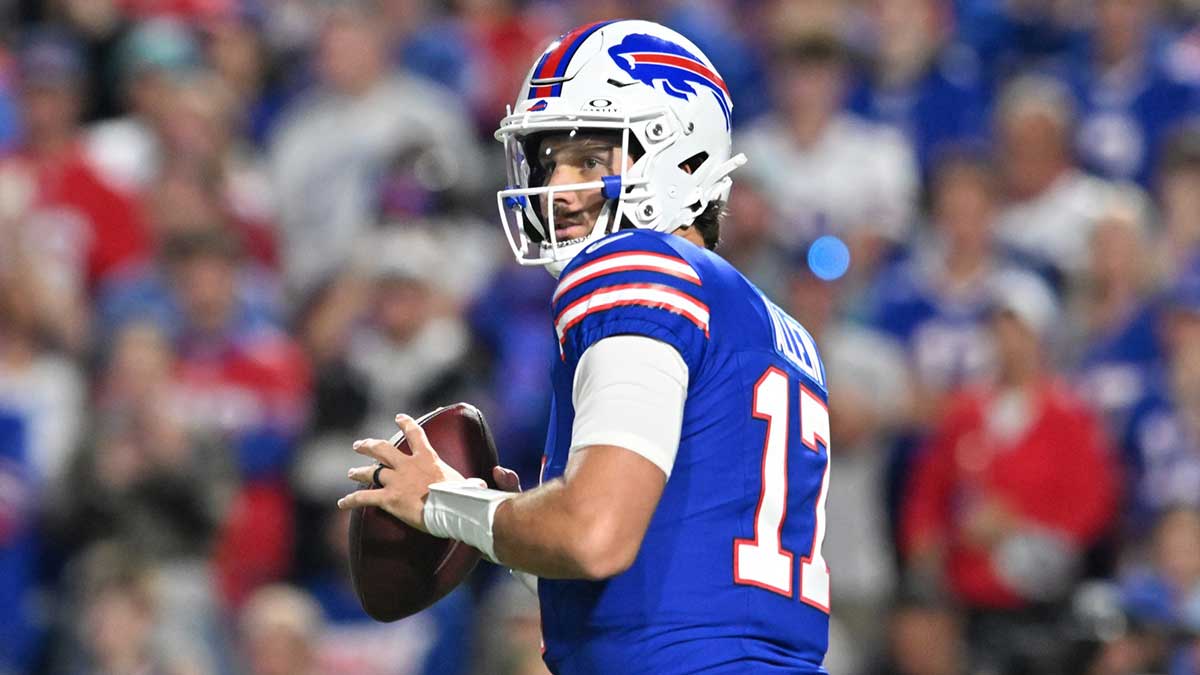 Buffalo Bills quarterback Josh Allen (17) looks to pass against the Miami Dolphins in the first quarte at Highmark Stadium.