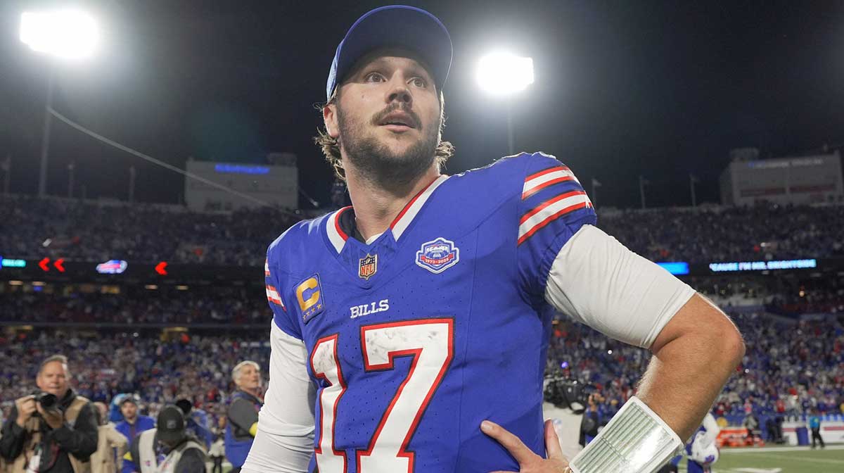 Buffalo Bills quarterback Josh Allen looks around the stadium after the game and their win against the Baltimore Ravens at Highmark Stadium in Orchard Park on Sept. 7, 2025.