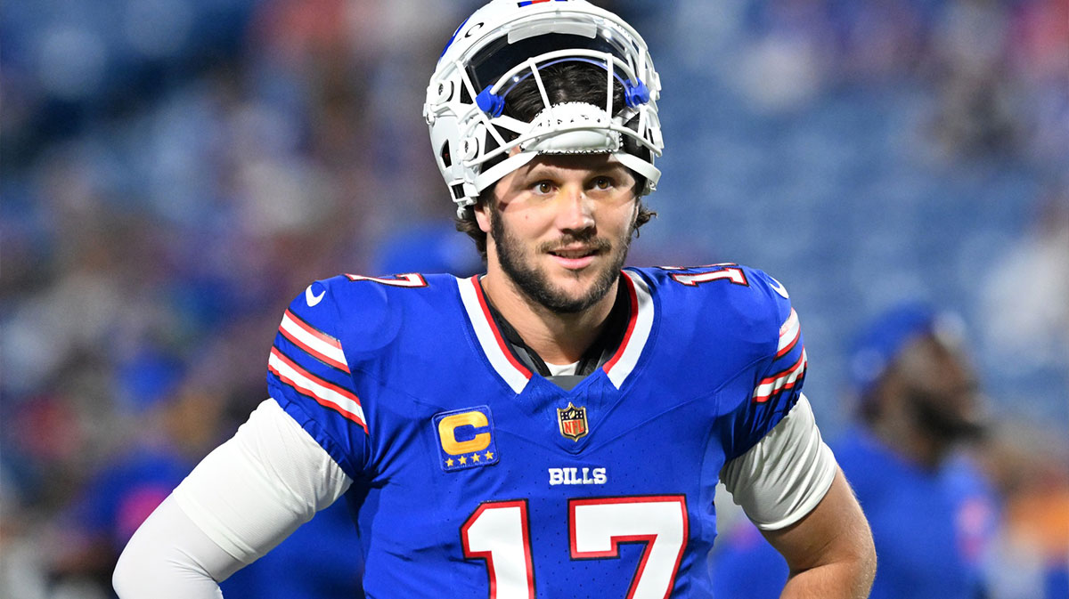 Buffalo Bills quarterback Josh Allen (17) looks on before the game against the Miami Dolphins at Highmark Stadium.