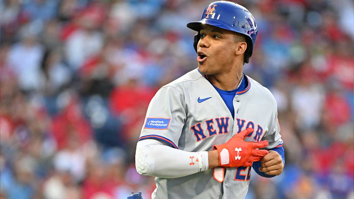 New York Mets outfielder Juan Soto (22) runs to first base during the first inning against the Philadelphia Phillies at Citizens Bank Park.