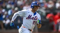 New York Mets outfielder Juan Soto (22) rounds the bases after hitting a double against the Washington Nationals during the third inning at Citi Field. Mandatory Credit: John Jones-Imagn Images