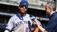 New York Mets right fielder Juan Soto (22) talks with the media after the Mets beat the Detroit Tigers at Comerica Park.
