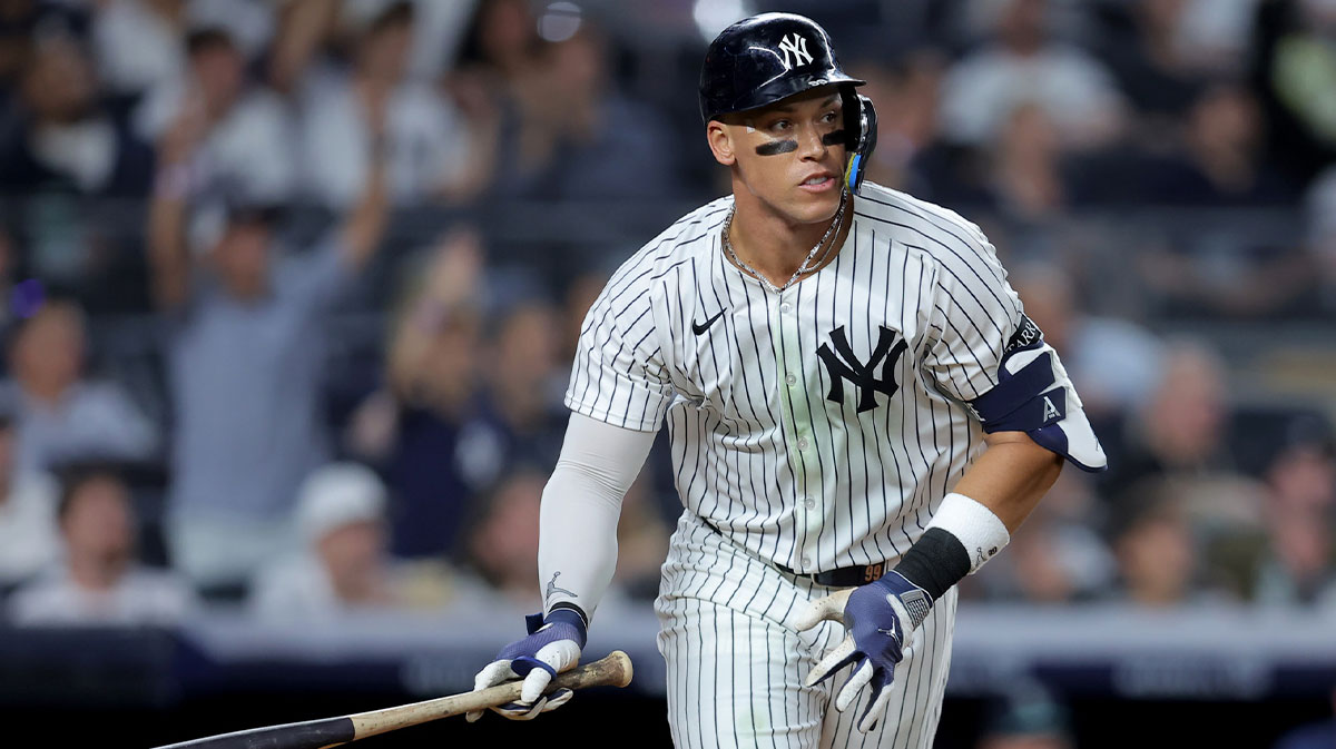 New York Yankees right fielder Aaron Judge (99) watches his solo home run against the Seattle Mariners during the seventh inning at Yankee Stadium.