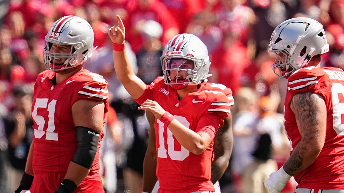 Ohio State Buckeyes quarterback Julian Sayin (10) celebrates during the second half of the NCAA football game against the Texas Longhorns