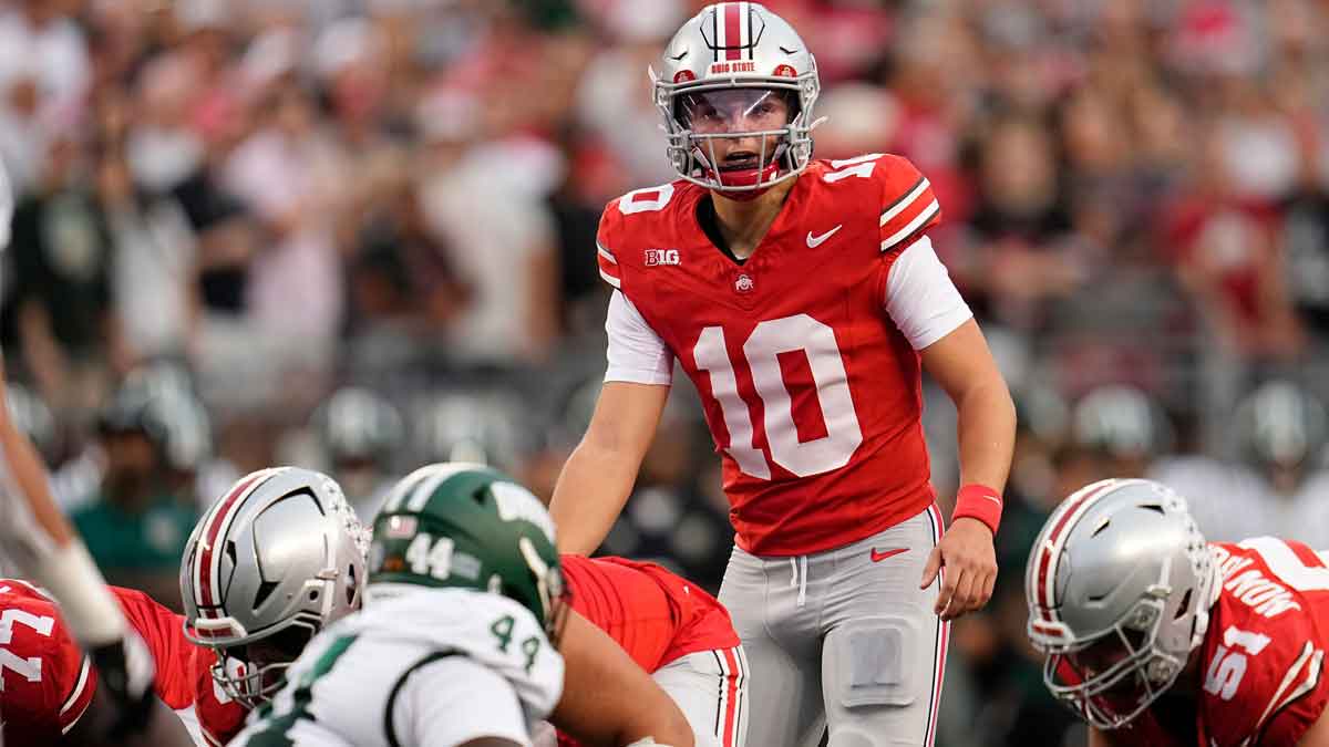 Download Image Add To Lightbox Headline: Syndication: The Columbus Dispatch Caption: Ohio State Buckeyes quarterback Julian Sayin (10) lines up during the first half of the NCAA football game against the Ohio Bobcats at Ohio Stadium on Sept. 13, 2025.