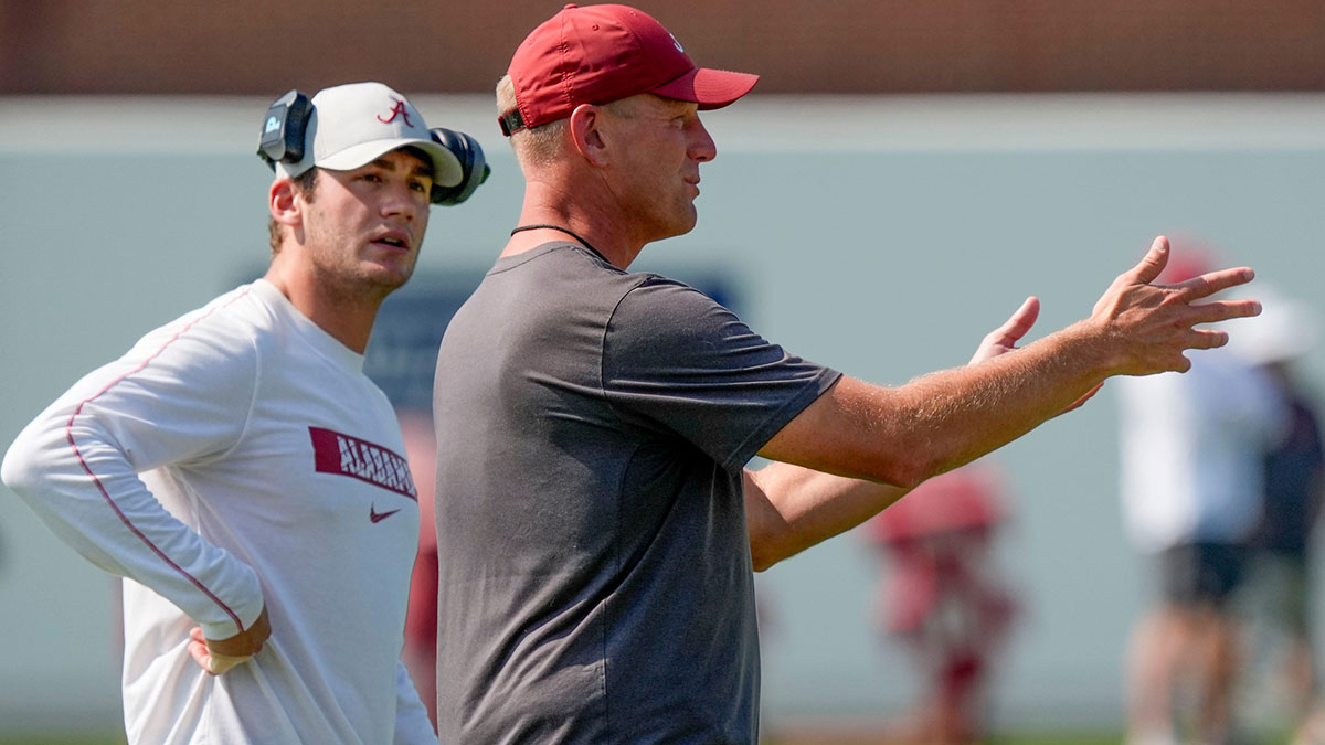 Head coach Kalen Deboer gives directions during the second practice session of the preseason for the Alabama Crimson Tide.