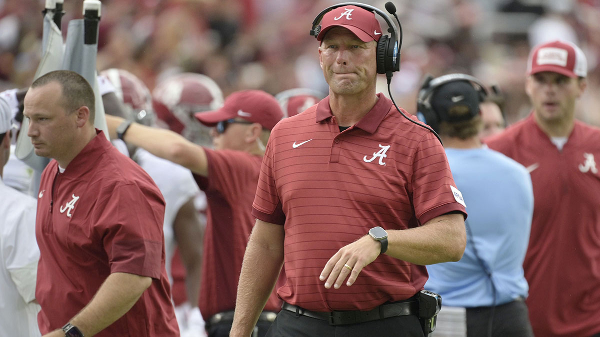 Alabama Crimson Tide head coach Kalen DeBoer looks on against the Florida State Seminoles during the second half at Doak S. Campbell Stadium.
