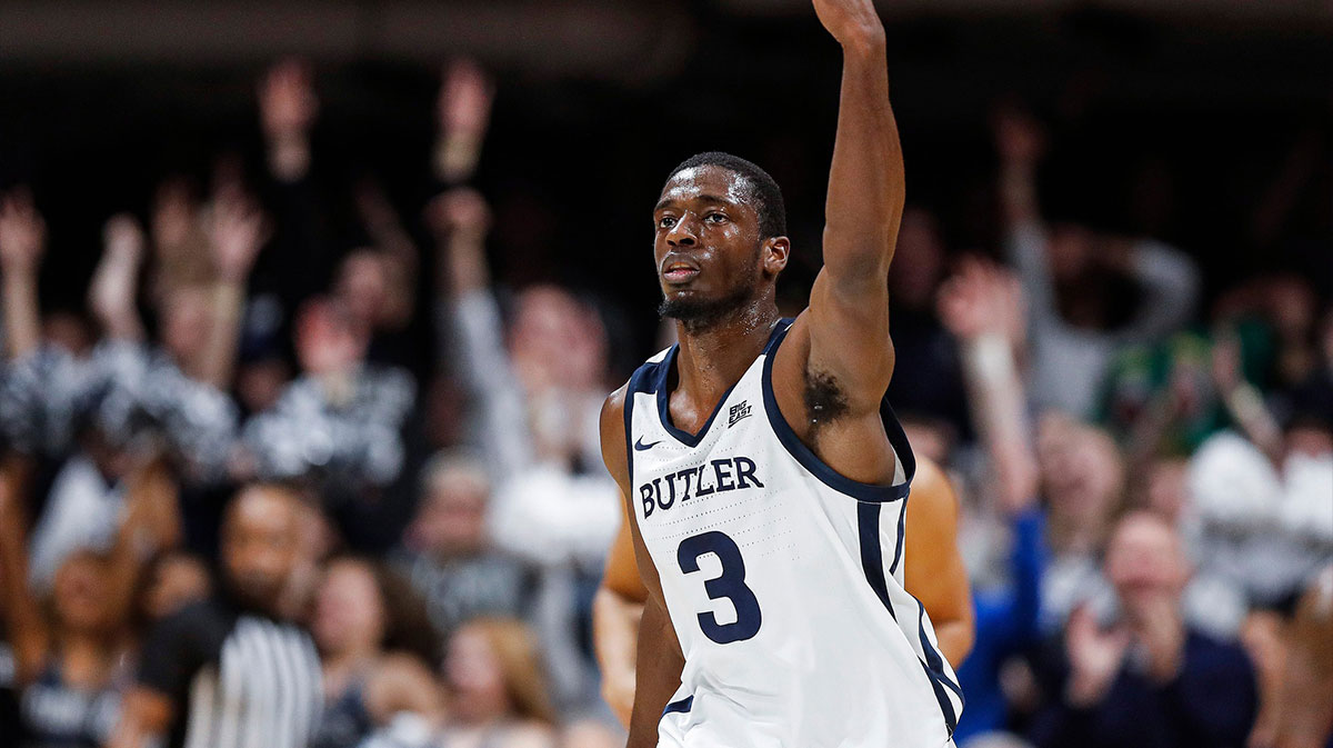 Butler Bulldogs guard Kamar Baldwin (3) hold sup thre4e fingers after shooting for three points at Hinkle Fieldhouse, Indianapolis, Wednesday, Jan. 15, 2020. Basketball Butler Vs Seton Hall