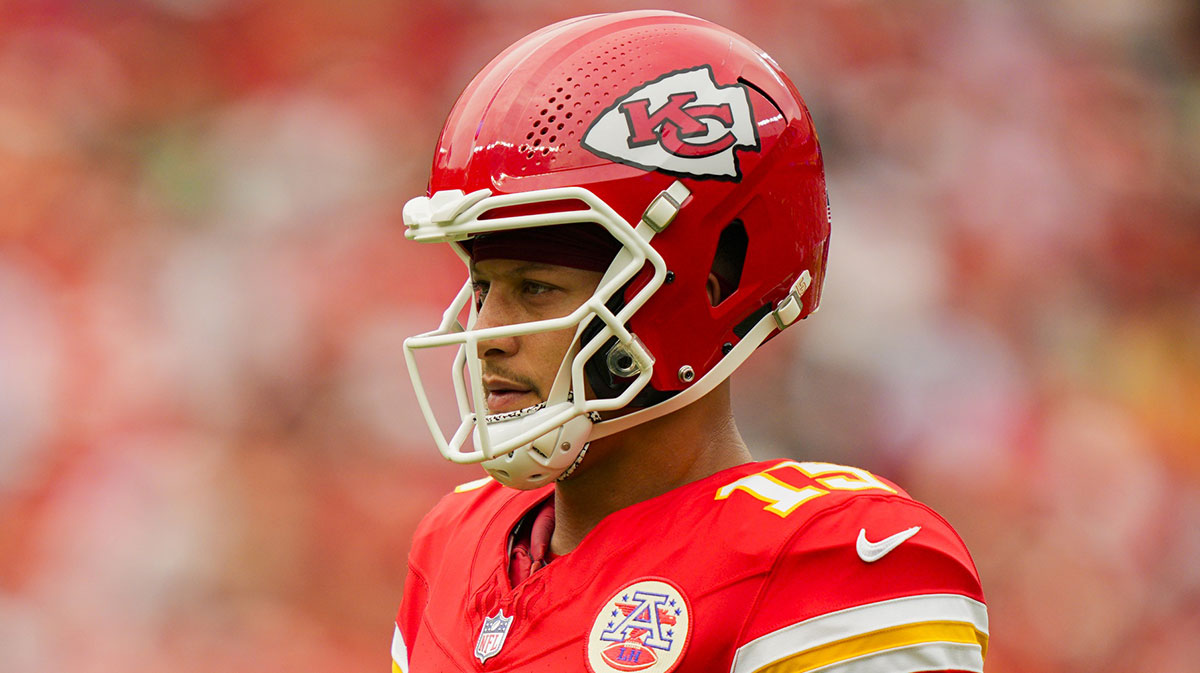 Kansas City Chiefs quarterback Patrick Mahomes (15) reacts during the first half against the Philadelphia Eagles at GEHA Field at Arrowhead Stadium.