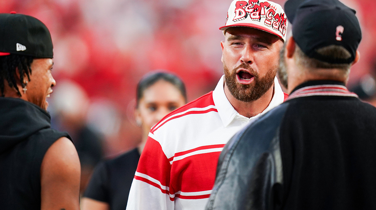 Kansas City Chiefs tight end Travis Kelce appears at the Kansas City Classic season opening game between the Cincinnati Bearcats and Nebraska Cornhuskers, Thursday, Aug. 28, 2025, at Arrowhead Stadium in Kansas City, Mo.