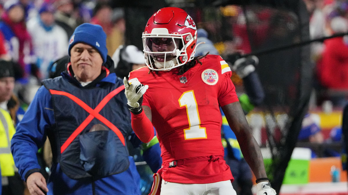 Kansas City Chiefs wide receiver Xavier Worthy (1) reacts against the Buffalo Bills during the first half in the AFC Championship game at GEHA Field at Arrowhead Stadium.
