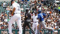 July 8, 2012; Detroit, MI, USA; Kansas City Royals catcher Salvador Perez (13) runs the bases after hits a home run off Detroit Tigers starting pitcher Max Scherzer (37) during the third inning at Comerica Park. Mandatory Credit: Rick Osentoski-Imagn Images